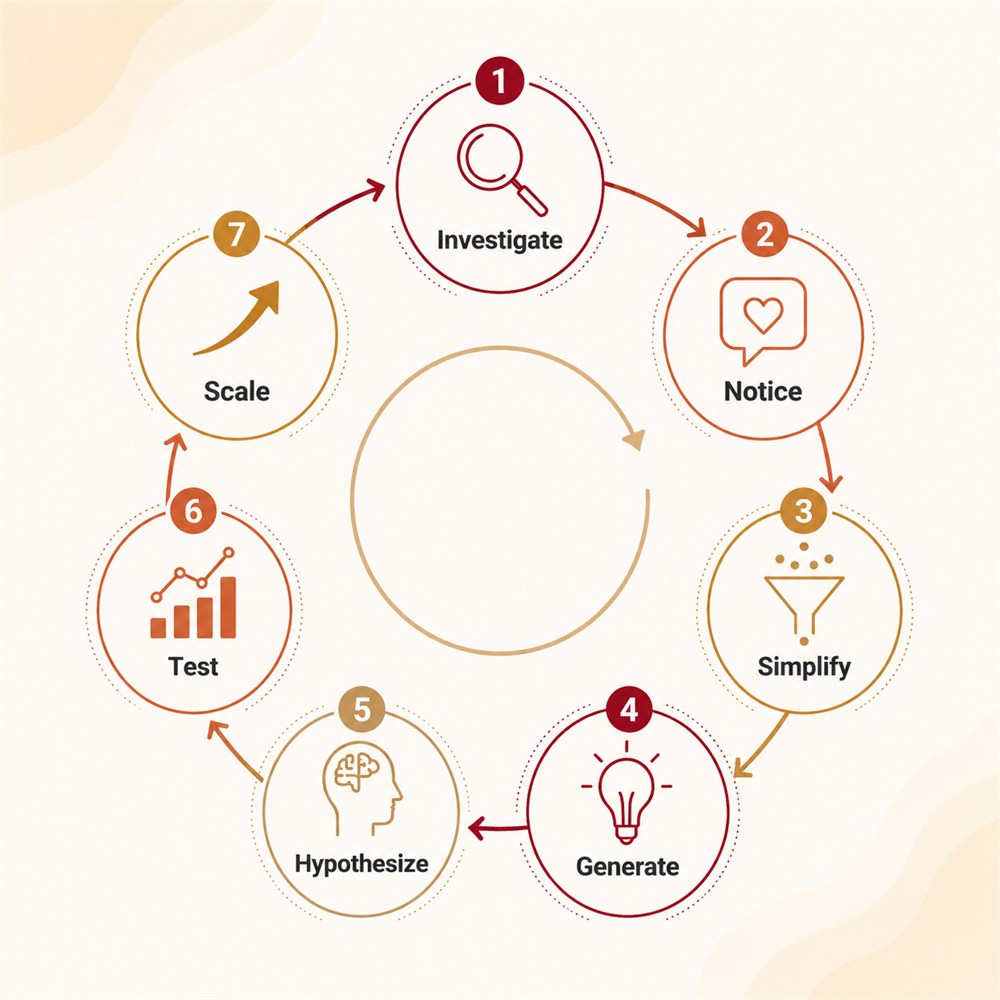 The INSIGHTS system as a circular loop: Investigate, Notice, Simplify, Generate, Hypothesize, Test, Scale