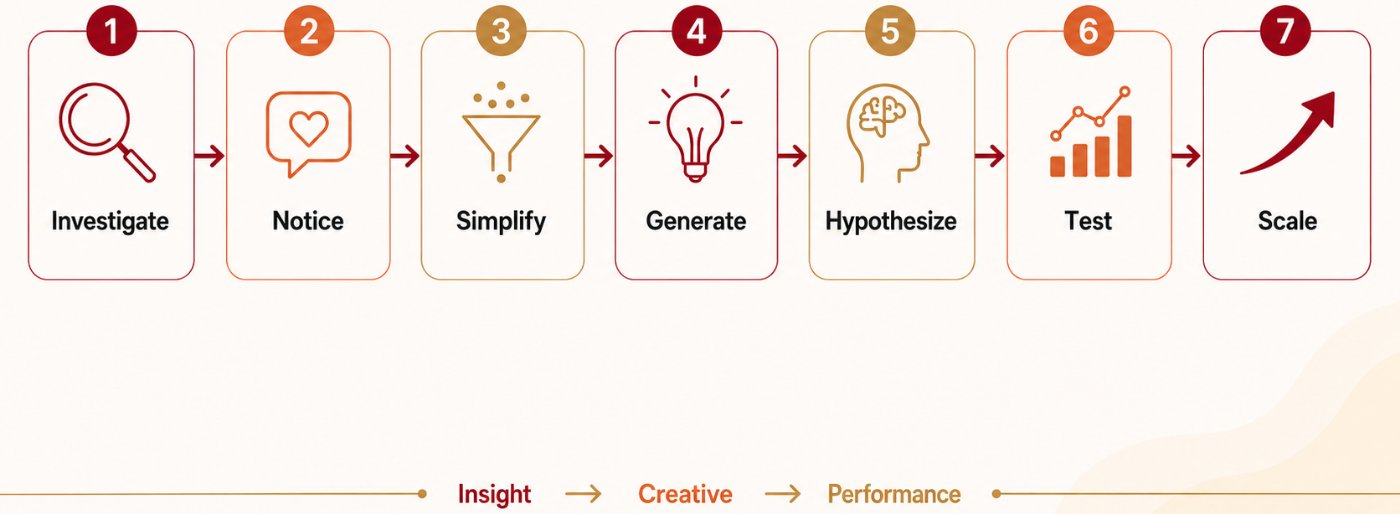 The INSIGHTS system as seven numbered steps in sequence: Investigate, Notice, Simplify, Generate, Hypothesize, Test, Scale — grouped underneath as insight, then creative, then performance.