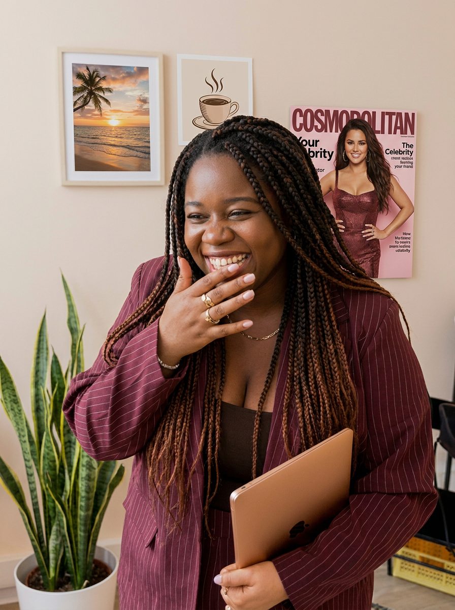 Lexi Williams laughing, wearing a burgundy pinstripe suit and holding a tablet