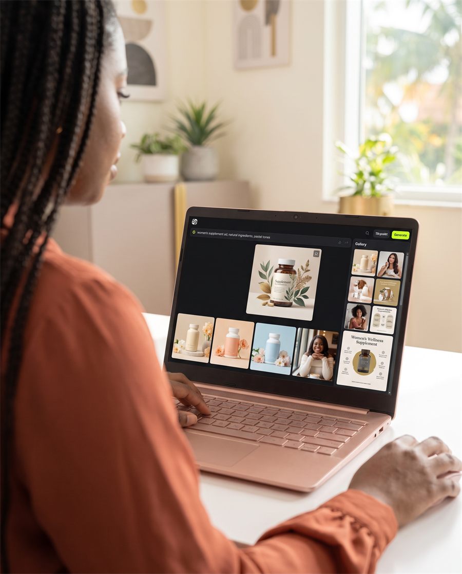 A gallery of supplement ad concepts open on a laptop