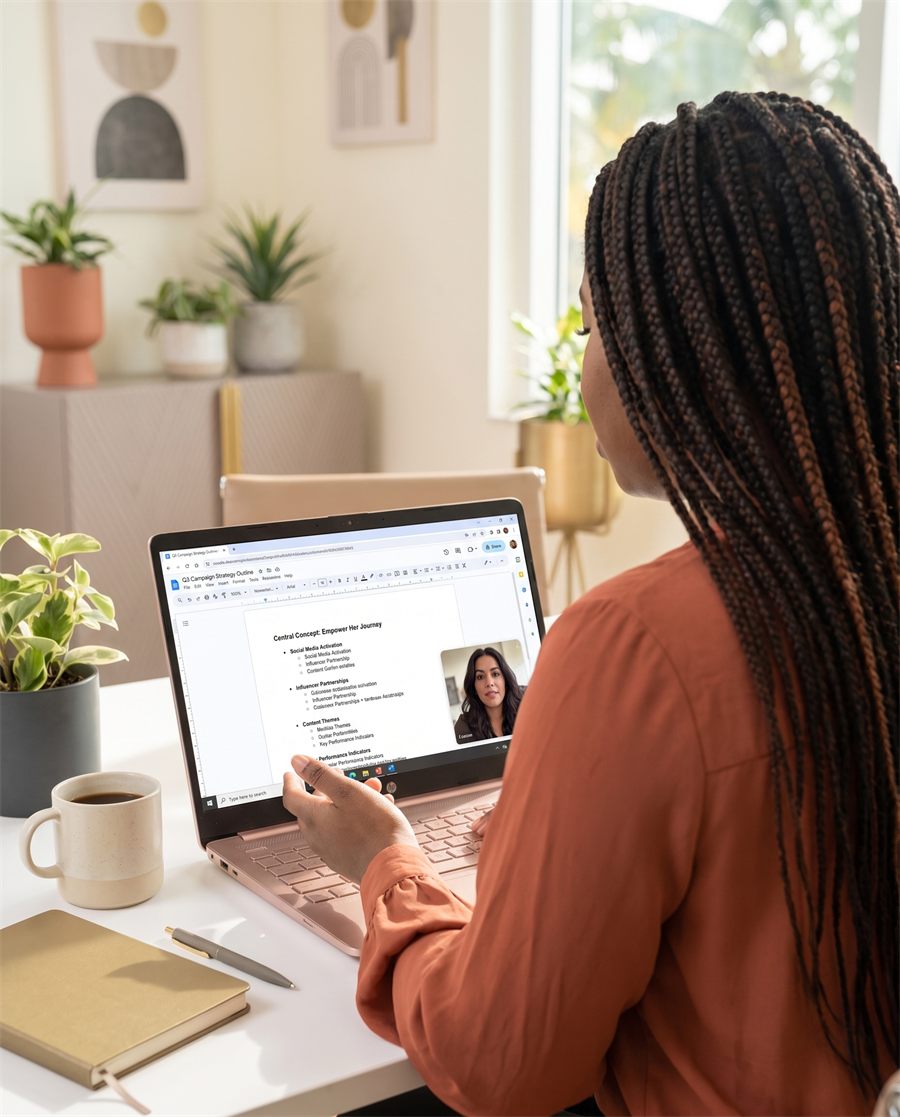 A campaign strategy outline open on a laptop during a video call