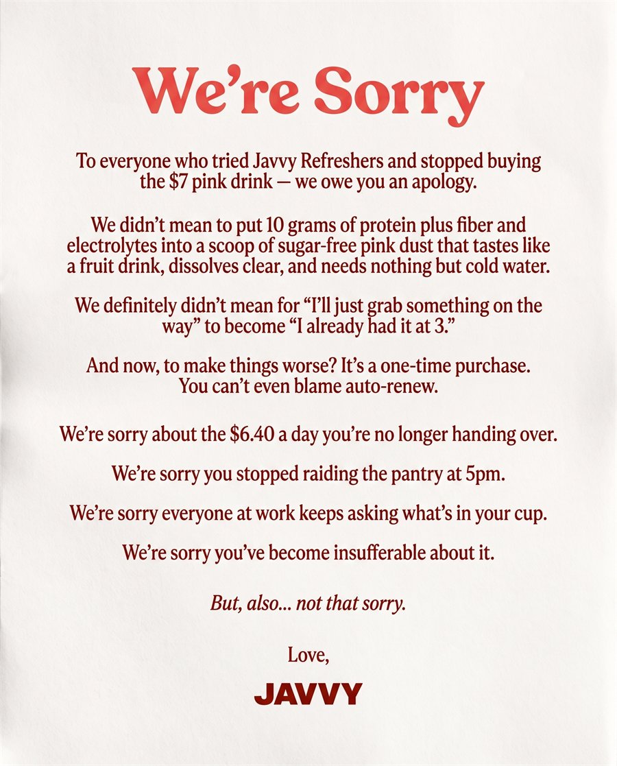 Javvy functional coffee static ad — indirect &ldquo;we're sorry&rdquo; hook with a big promise