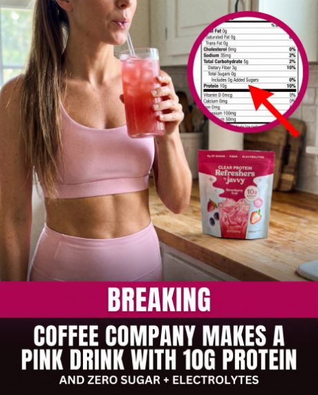 Javvy Coffee spec static ad — breaking-news layout for a pink protein drink