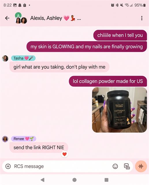 Black Girl Vitamins spec static &mdash; group chat framing, direct and native with a product shot