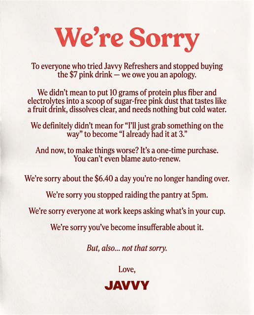 Javvy Coffee spec static &mdash; apology letter framing with a big promise